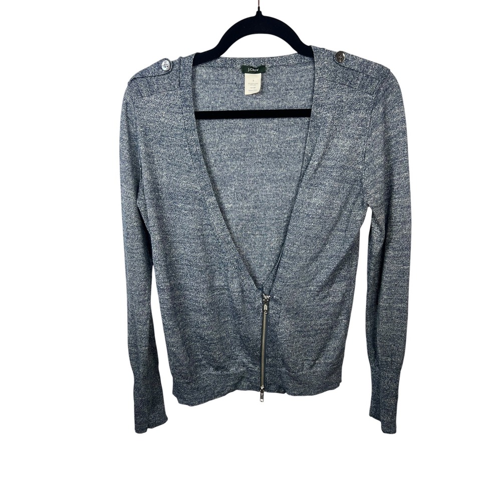 J. Crew Women's Small Moto Zipper Cardigan Sweater Blue Linen Merino Wool 44943